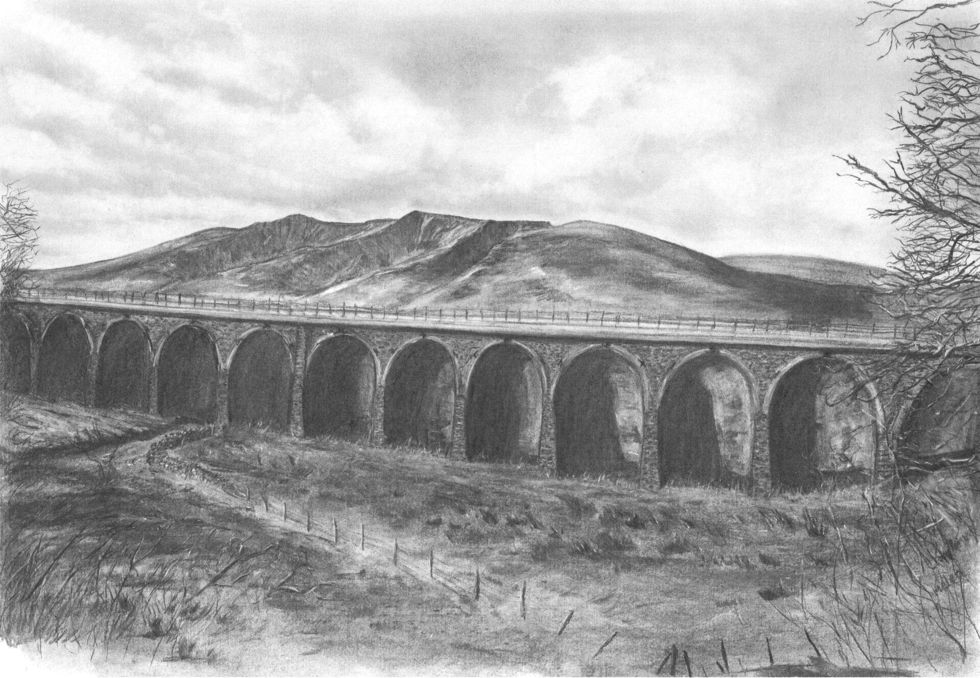 lake district art cumbria mosedale viaduct keswick railway threlkeld blencathra ckpr landscape sky heritage graphite gallery graphite charcoal drawing