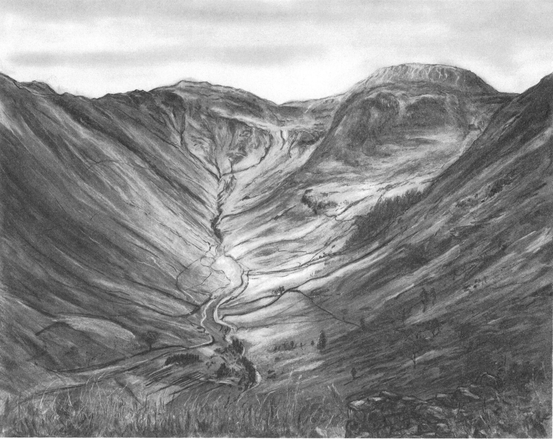 lake district art cumbria seathwaite valley borrowdale heritage graphite gallery graphite charcoal drawing