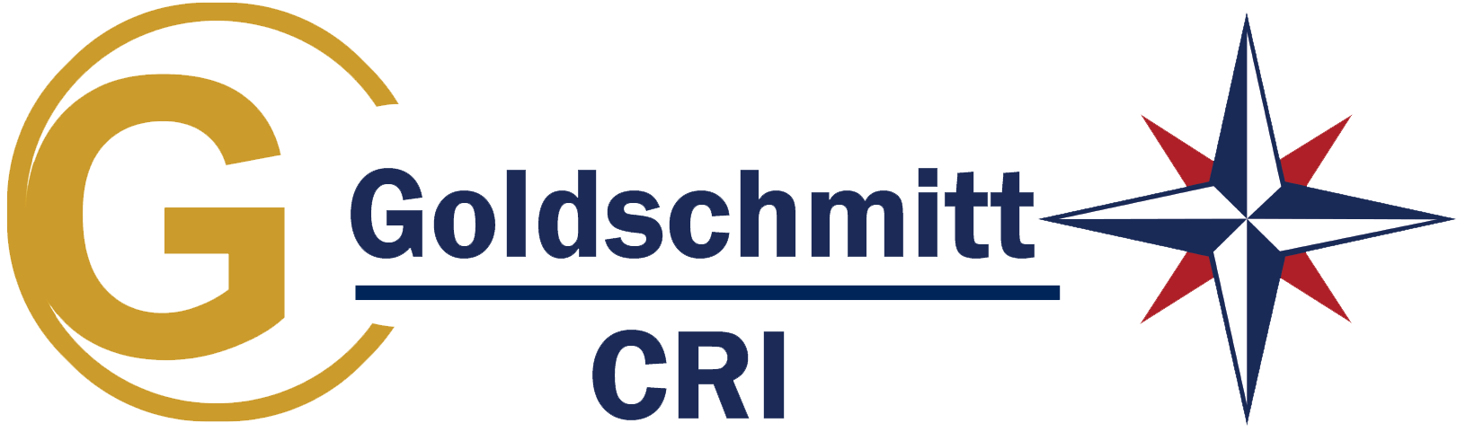 Logo image: Large Gold G with semi circle around it, Goldschmitt-CRI in blue with blue line separating the company names, compass star in blue and red