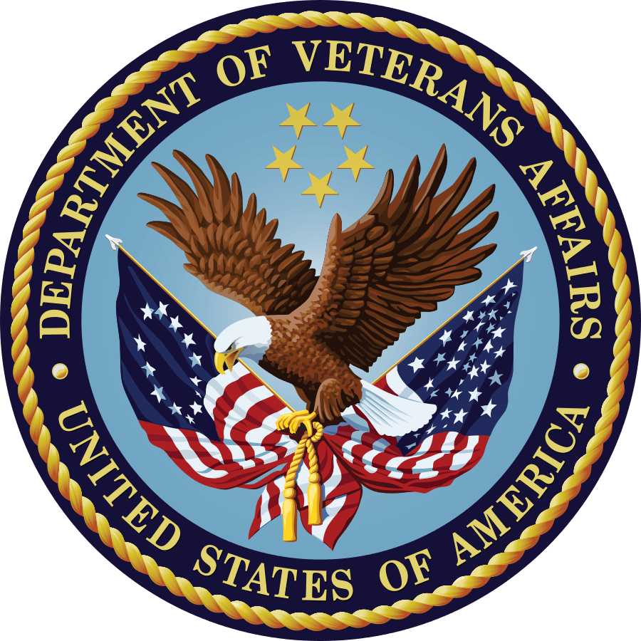 Logo Image: Department of Veterans Affairs United States of America, Eagle landing on two American flags one with the original 13 colonies the other the current American flag with 5 gold stars above the eagle