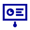 blue icon of computer screen with a pie graph