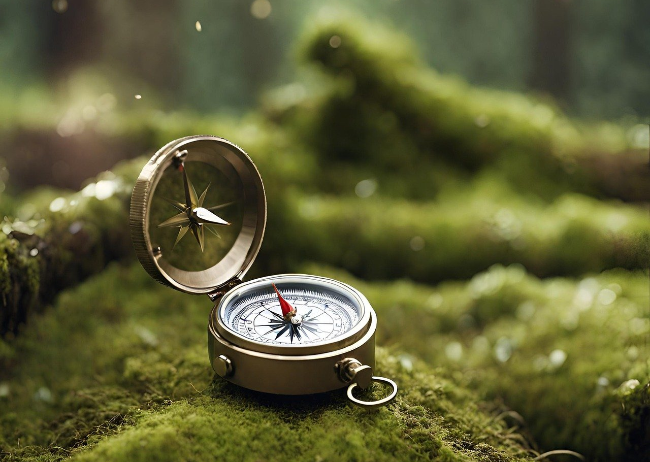 Kompass im grünen, mosigen Wald.