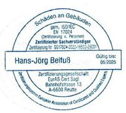 DIN EN ISO/IEC 17024:2012 für Schäden an Gebäuden zertifizierter Bausachverständiger und Baugutachter für Bayern, Oberbayern, Niederbayern, Oberpfalz, Schwaben, Oberfranken, Unterfrnken, Mittelfranken, Deutschland, Österreich, Schweiz und Spanien. Ihr Bauexperte aus der Metropolregion München aus Hallbergmoos.