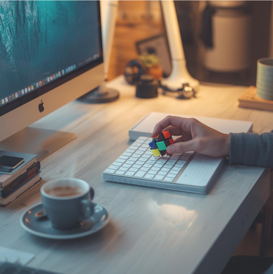 A calm desk with a computer, coffee, and a hand holding a small colorful cube fidget spinner.