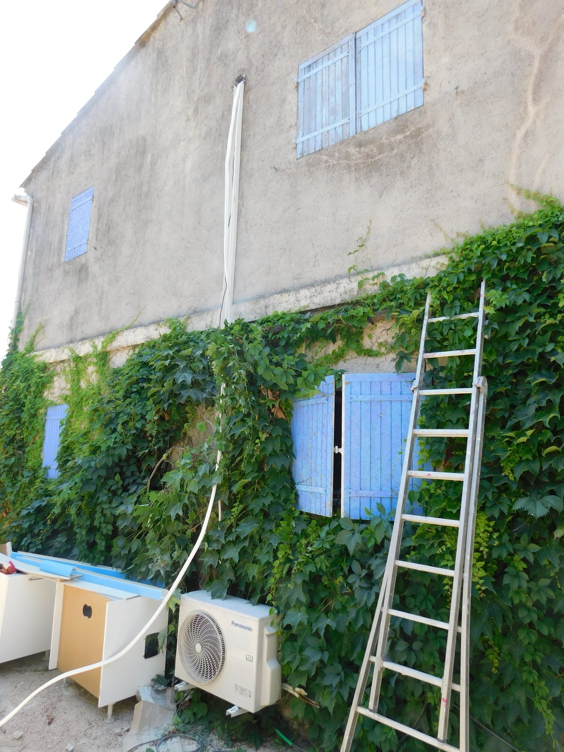 climatisation mur extérieur avec une échelle et des volets bleus et de la vigne vierge
