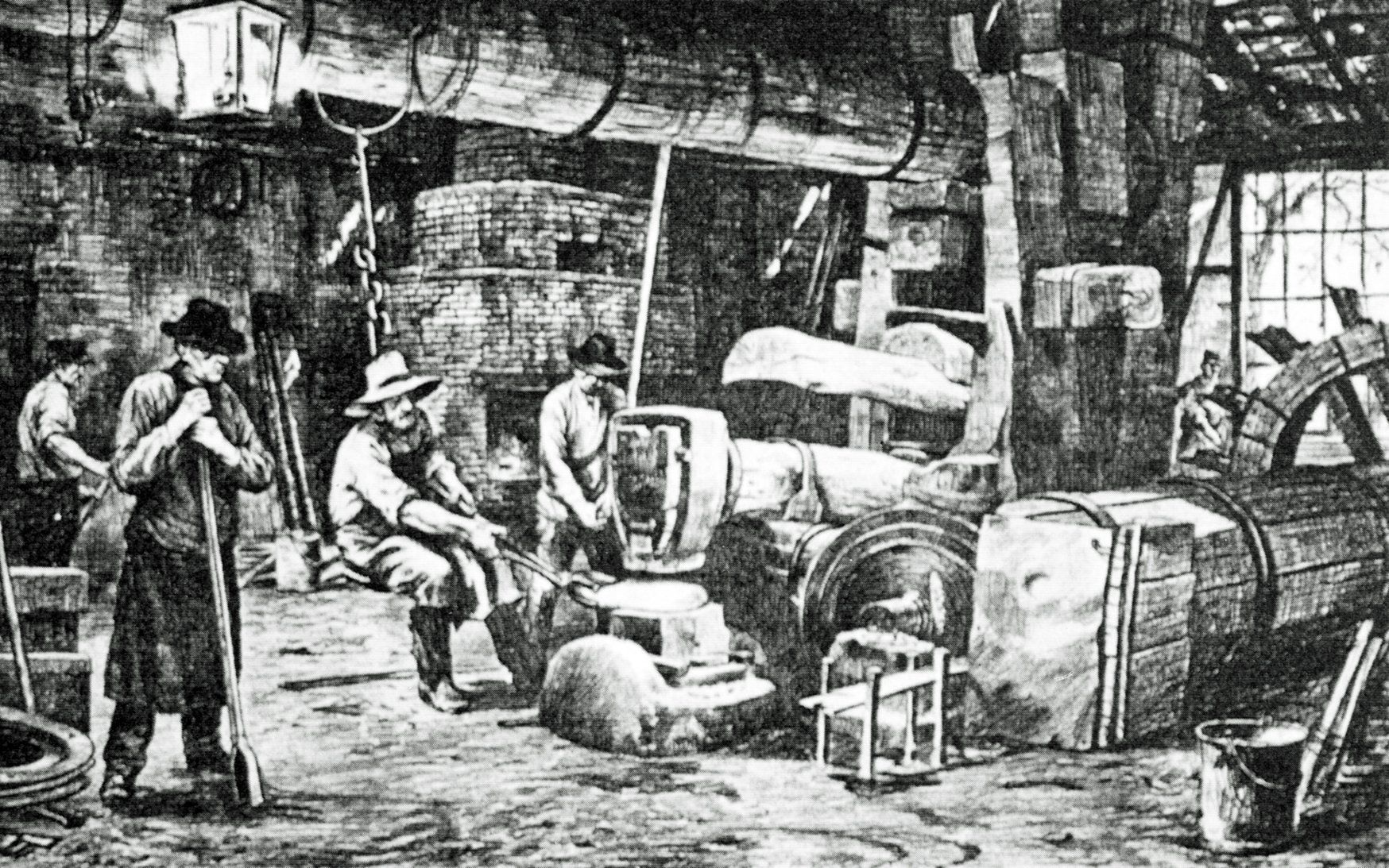 In der Hammerschmiede wird die Rohluppe zu Stahl geschmiedet. Hammerschmiede, Rohluppe, Luppe