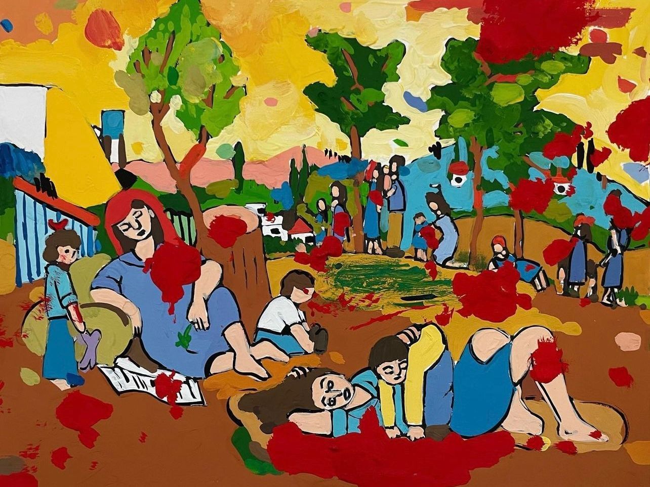 Keren Shpilsher, artiste peintre israélienne, Shabbat sur le Kibboutz, Dessin inspiré des peintures de kibboutz de Yohanan Simon