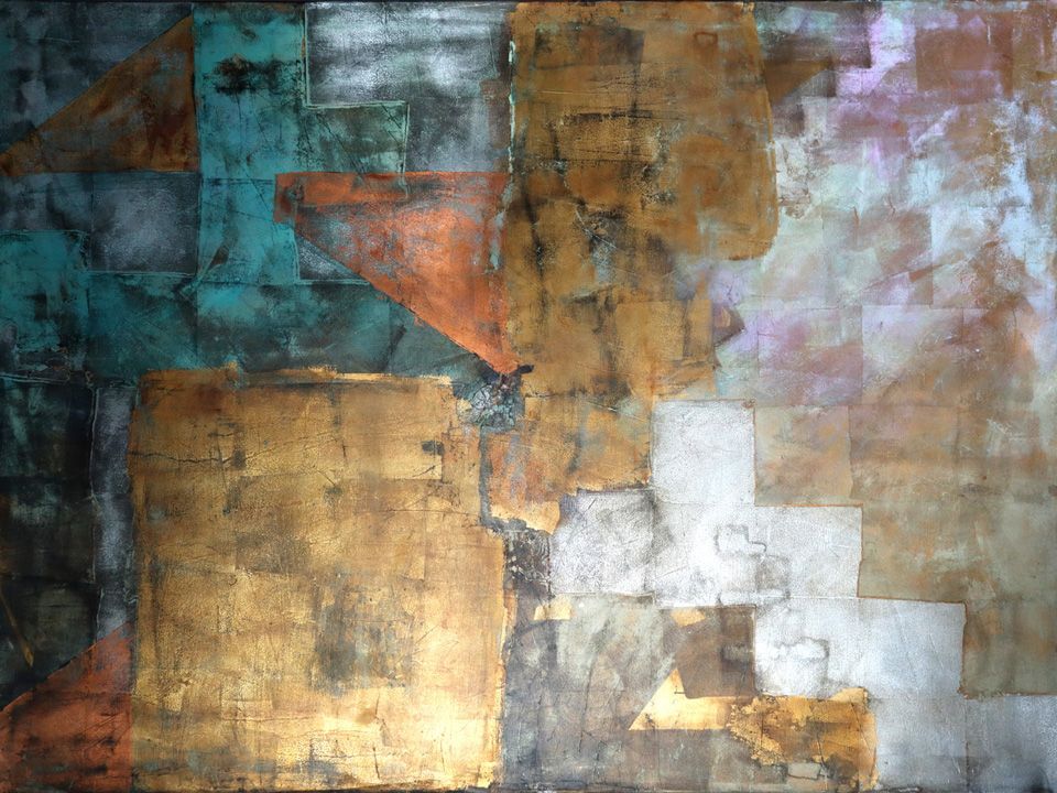 Abstraktes Gemälde mit echter Oxydation von Marina Krasnitskaya: Vielschichtige Texturen aus Rost, Eisen und Patina in warmen Erd- und kühlen Blautönen.