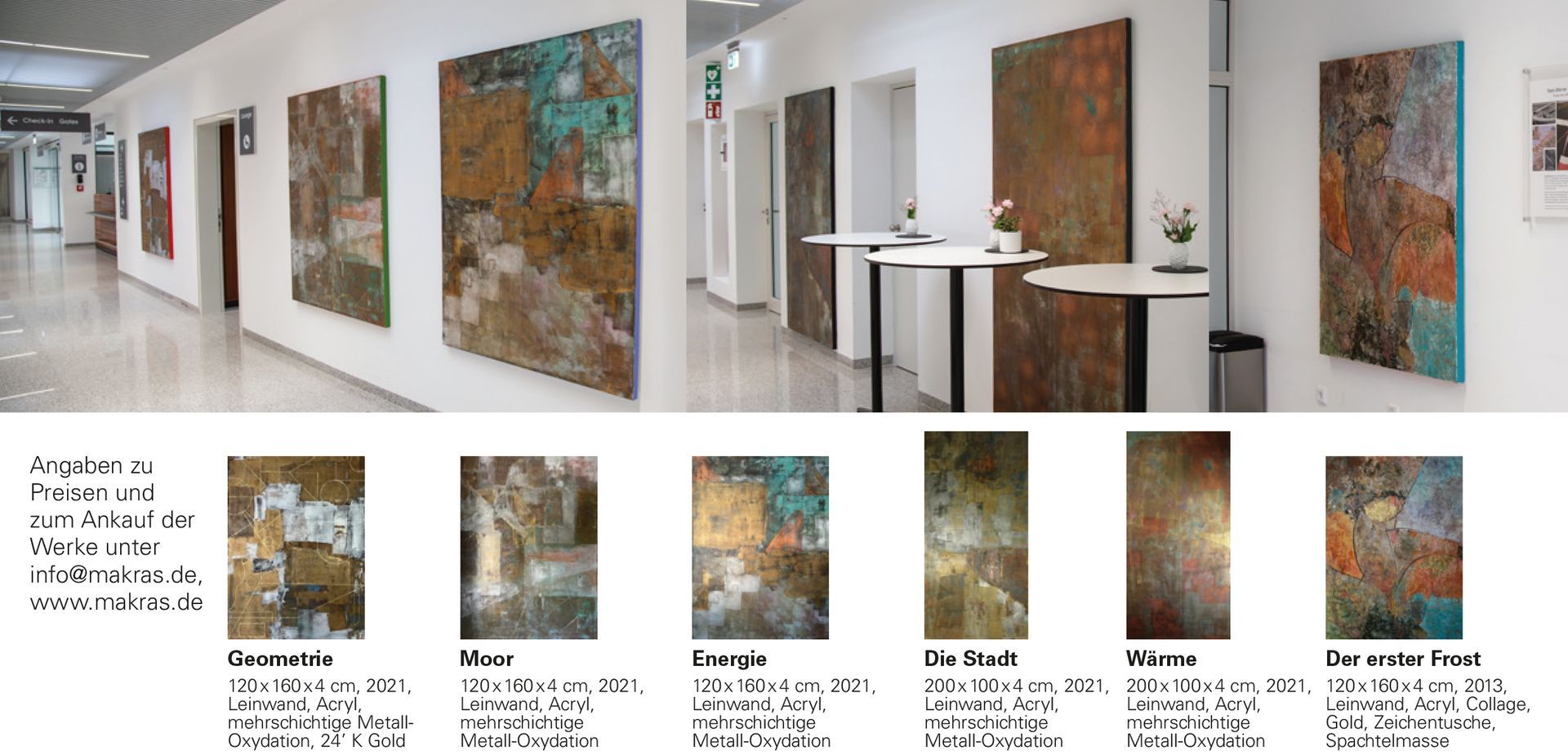 Ausstellungsflyer von Marina Krasnitskaya am Flughafen Lübeck. Darstellung verschiedener Metall-Oxydationen auf Leinwand, darunter die Werke Geometrie, Moor und Energie.
