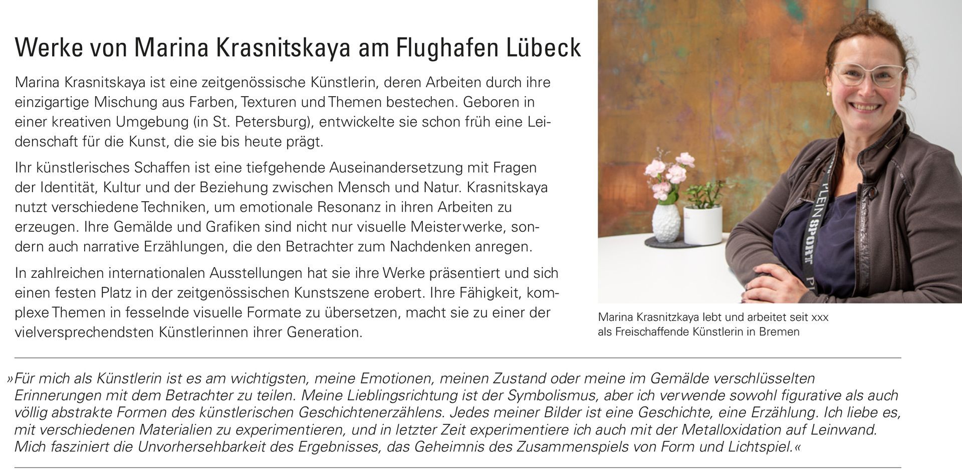 Künstlerporträt und Informationstext zur Ausstellung von Marina Krasnitskaya am Flughafen Lübeck. Einblick in das künstlerische Schaffen und die Technik der Metalloxydation.