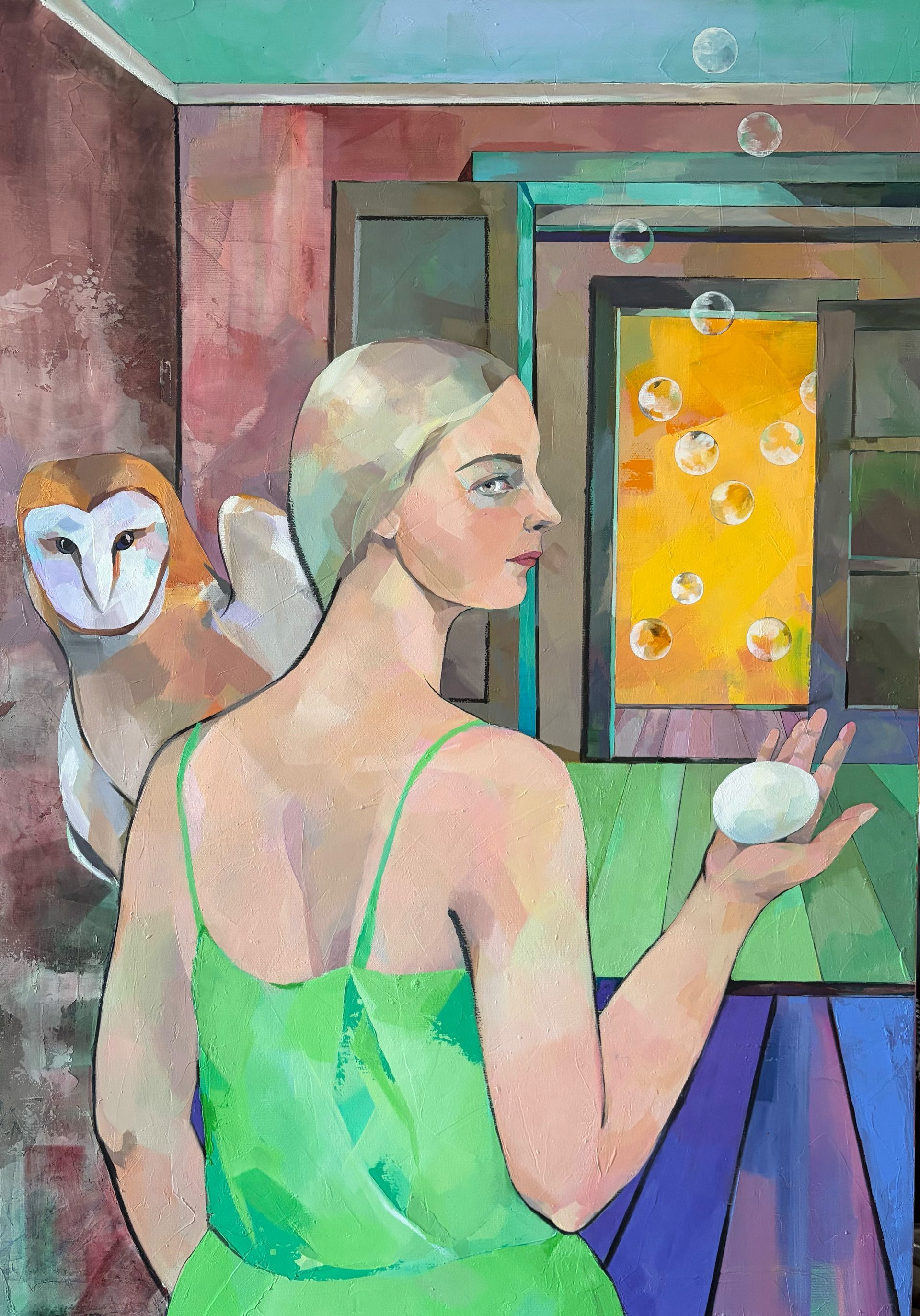 Zeitgenössisches Ölgemälde von Marina Krasnitskaya: Junge Frau mit Schleiereule und Ei. Titel: Kindheit. Narrative zeitgenössische Kunst, zum Verkauf stehend.