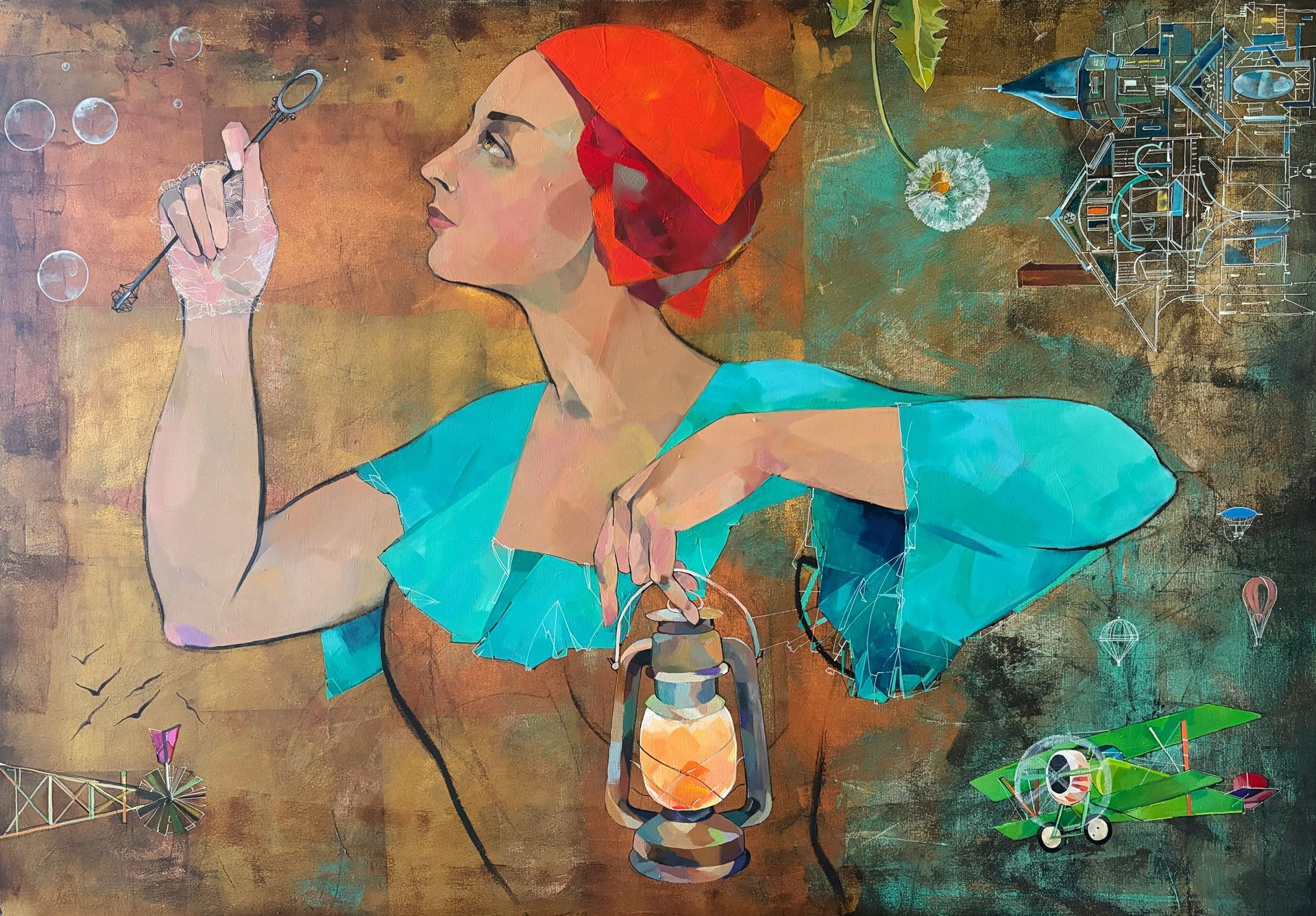 Moderne Interpretation von Rotkäppchen – Ausdrucksstarkes Kunstwerk von Marina Krasnitskaya über Mut und inneres Licht, figurative Malerei mit Laterne.