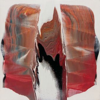 Abstract acrylic painting image showing an entrance to Antelope Canyon, with a passageway extending backward in the center; on the left and right, different colored rock layers can be seen, creating an abstract, colorful landscape.