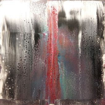 Abstract acrylic painting with a double-winged window. The window panes are fogged up by rain, making the outside view only vaguely recognizable. Passing vehicles, lights from lanterns and shops appear blurred and merge into spots of light in the fog of the view.