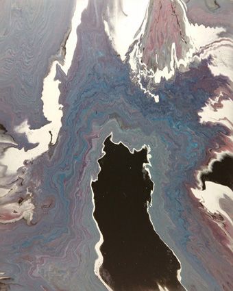 Abstract acrylic painting from a bird's eye view: a mountain landscape with a large lake in the center. The mountain ranges surround the lake in soft, blurred colors; the surface of the lake appears deep black and radiates depth and tranquility.