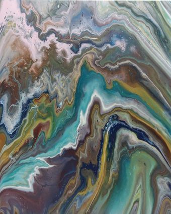 Abstract acrylic painting from a bird's eye view showing canyons carved deep into a rocky mountain landscape. From above, the rugged walls appear as narrow, dark lines, with the valleys between them deep and wide open. Turquoise blue rivers meander through the gorges, reflecting light and adding bright accents.