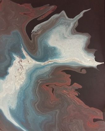 Abstract acrylic painting from a bird's eye view shows a mountainous landscape. Several streams flow along wide white sandbanks, forcing their way through a mountain pass and finally merging into the deep black sea.