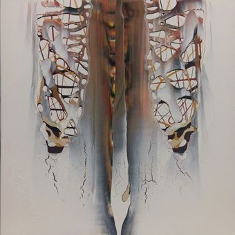 In this abstract acrylic-painting, two damaged lungs in front of a spine symbolize transience and impending death.