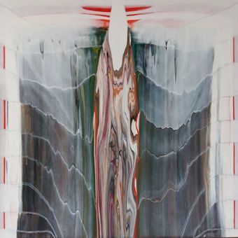 View through a double-winged window into a park where a slender, brown-orange deer stands looking through the window; the park displays various shades of green.