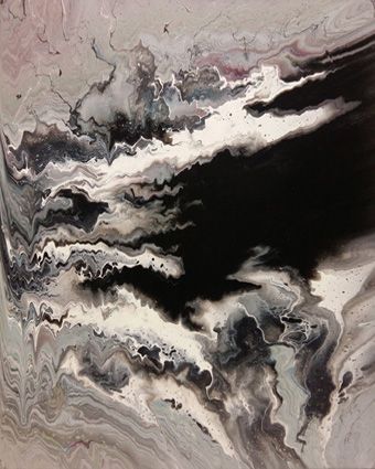 An abstract acrylic painting depicts a river delta from a bird's eye view. Wave-like color field structures extend from right to left. Darker depths dominate in black. White spray and spray particles suggest the movement and dynamics of the river mouth.