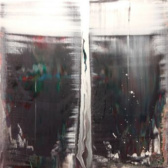 A dark scene with a slightly lowered curtain in front of a double-winged window. Rain streaks across the fogged-up panes, making it difficult to see any details; an oppressive, abstract snapshot of darkness and loss of vision.