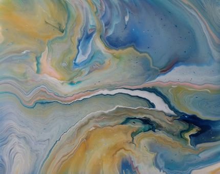 Bird’s-eye view of an abstract seascape; centrally, a blue river widening as it flows, with a long white sandbank visible along its shore.