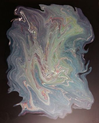 In the background, a deep black, calm sea can be seen. A grayish, streaky substance runs through this sea, reminiscent of illegal sewage disposal.