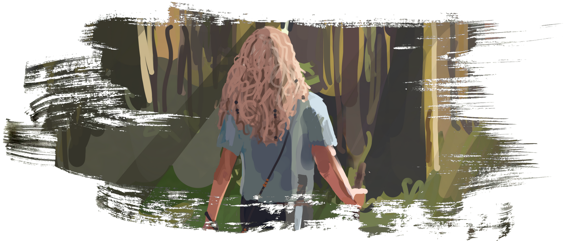 Illustration eines blonden, wandernden Mädchens im Wald