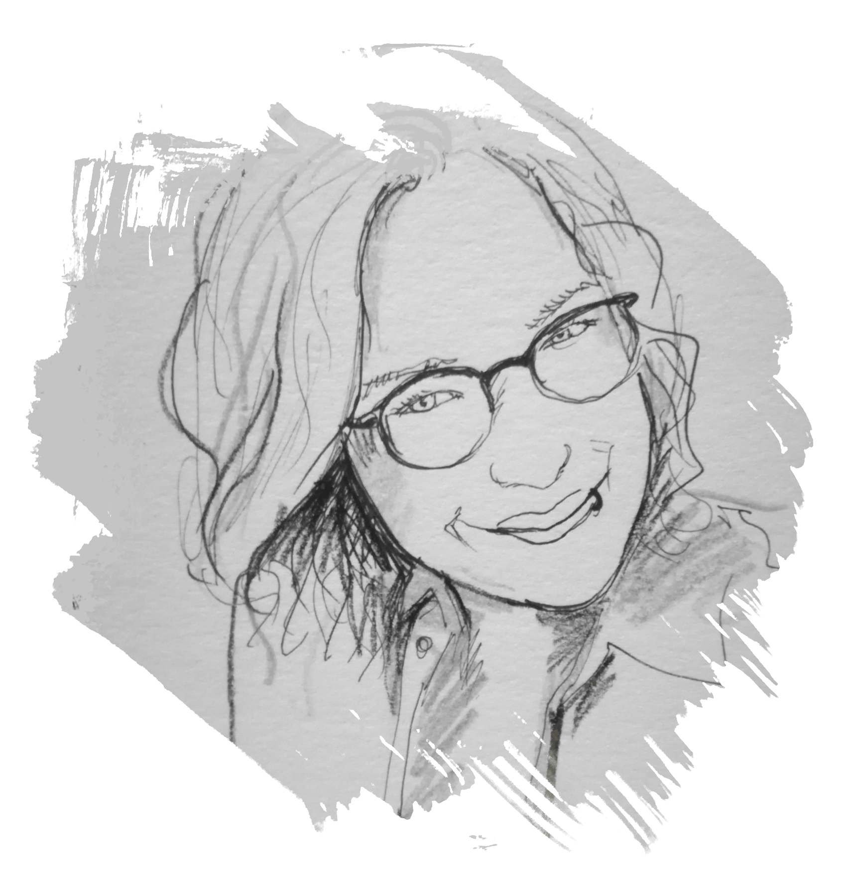 Gezeichnetes Selbstportrait von einer jungen Frau mit Brille, Locken und Lippenpiercing, die lächelt