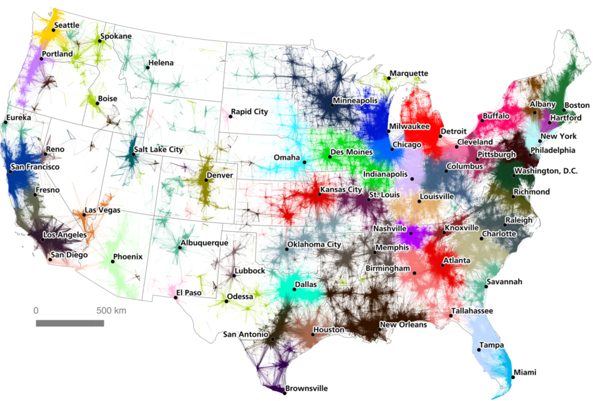 Map of United States Showing Population Density and Transportation Connections