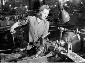 A lathe operator during World War II A lathe operator during World War II
