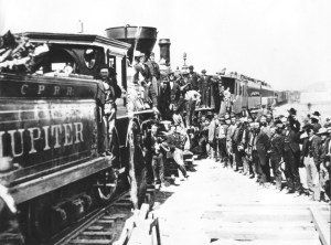 Picture of the completion of the Transcontinental Railroad in 1869 Picture of the completion of the Transcontinental Railroad in 1869