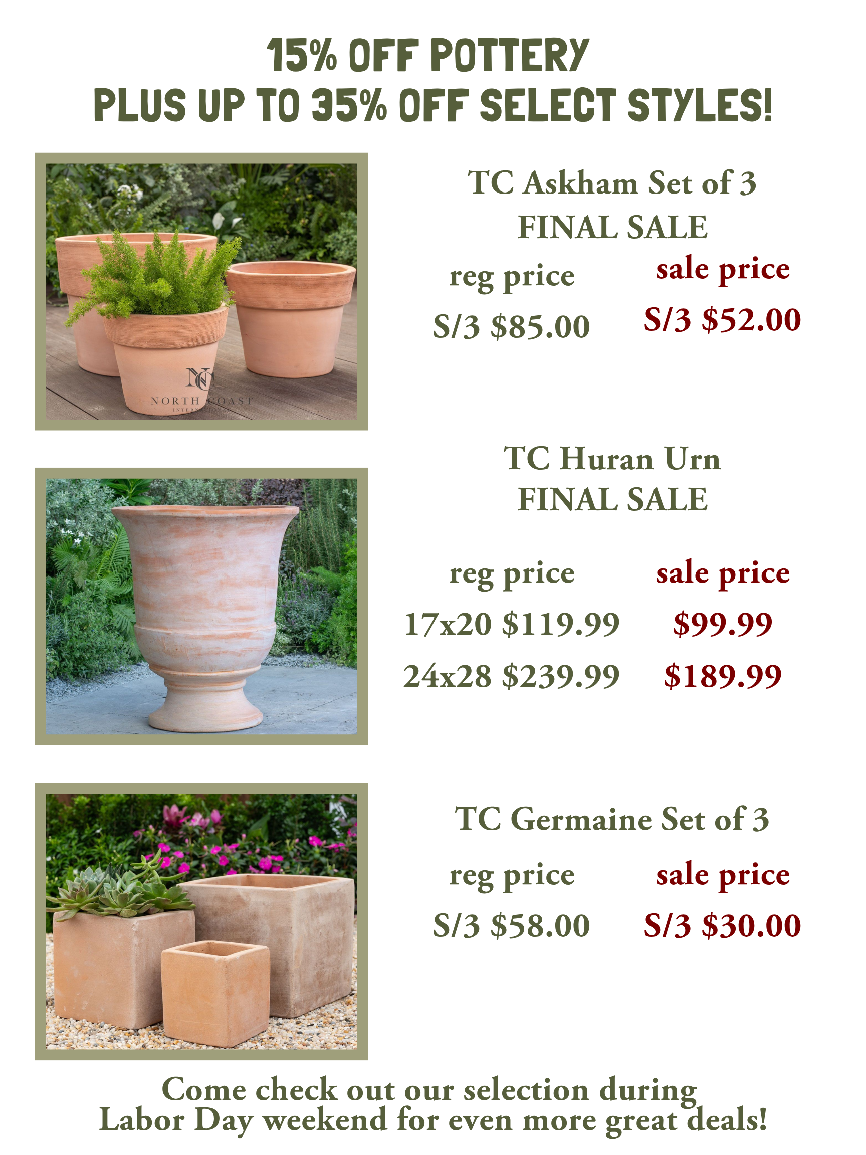35% off three select styles of terra cotta pottery