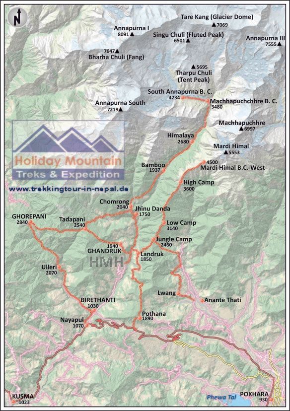 Karte mit höherer Auflösung erhalten.... Annapurna Heiligtum / Basislager Trek
