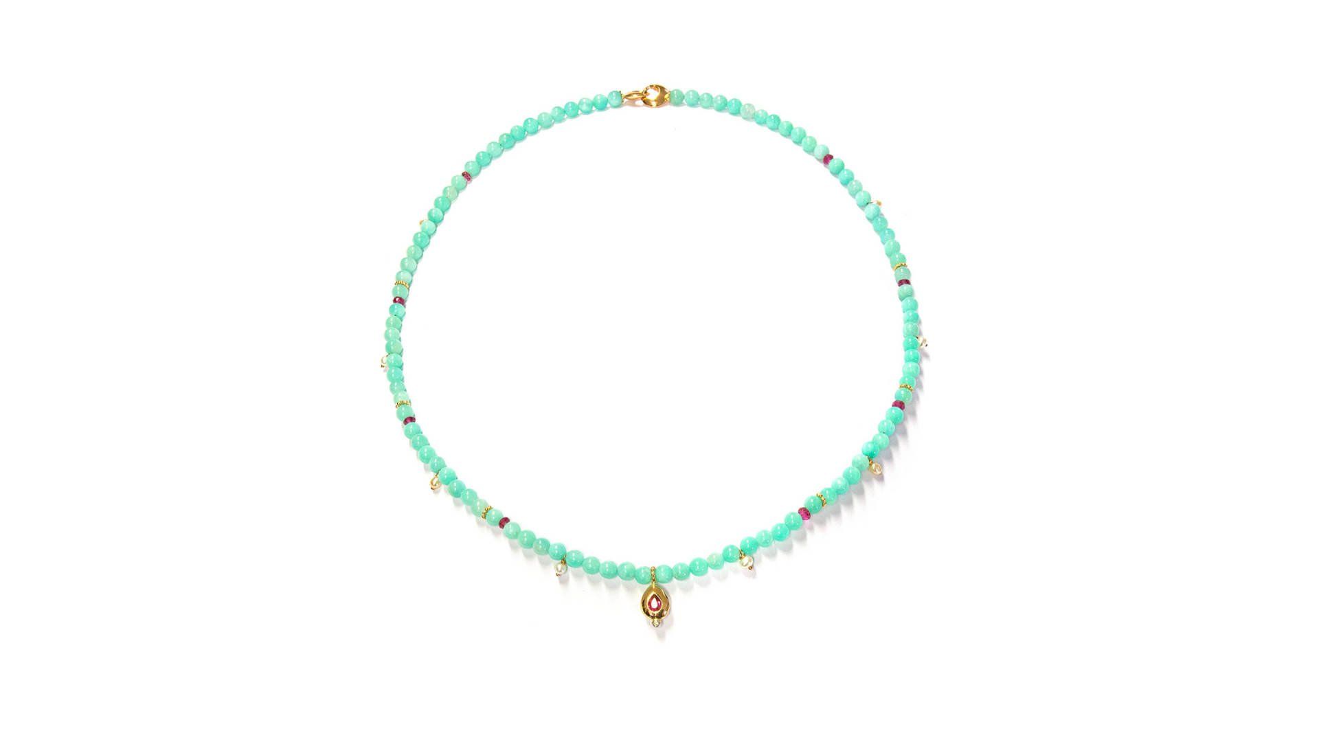 750/ Rotgold poliert, Amazonit, Turmalin pink, Brillant naturfarben, Süßwasserzuchtperlen lachsfarben