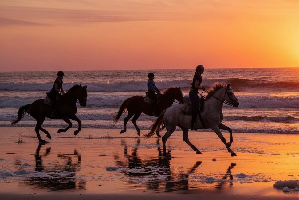 Grupo de jinetes galopando al atardecer por la playa de Matalascañas en Doñana.