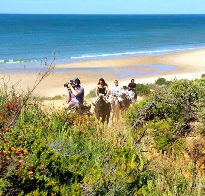Grupo de personas paseando a caballo en las playas de Doñana en Huelva. Group of people riding horses on the beach in Donana in the province of Huelva.