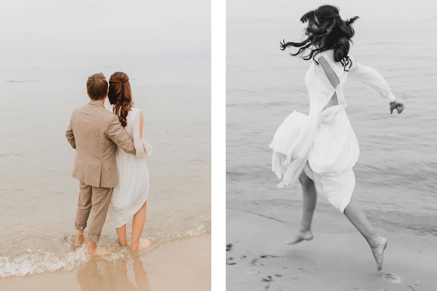 Brautpaar beim Fotoshooting am Strand von Binz mit den Füßen im Wasser.