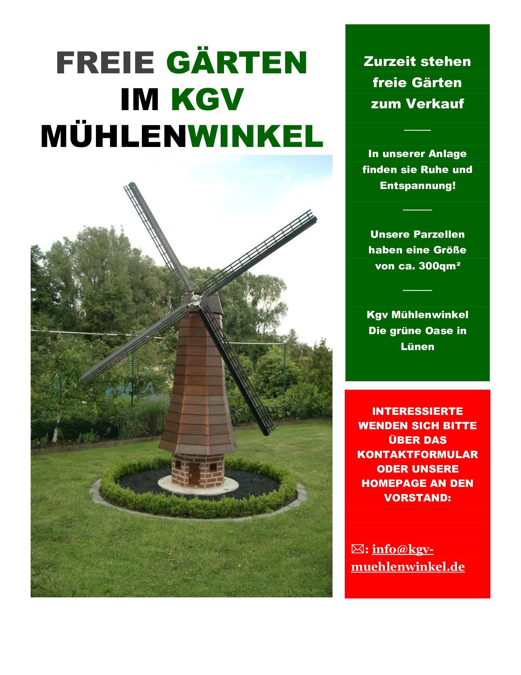 info@kgv-muehlenwinkel.de Garten zu verkaufen im Kgv Mühlenwinkel