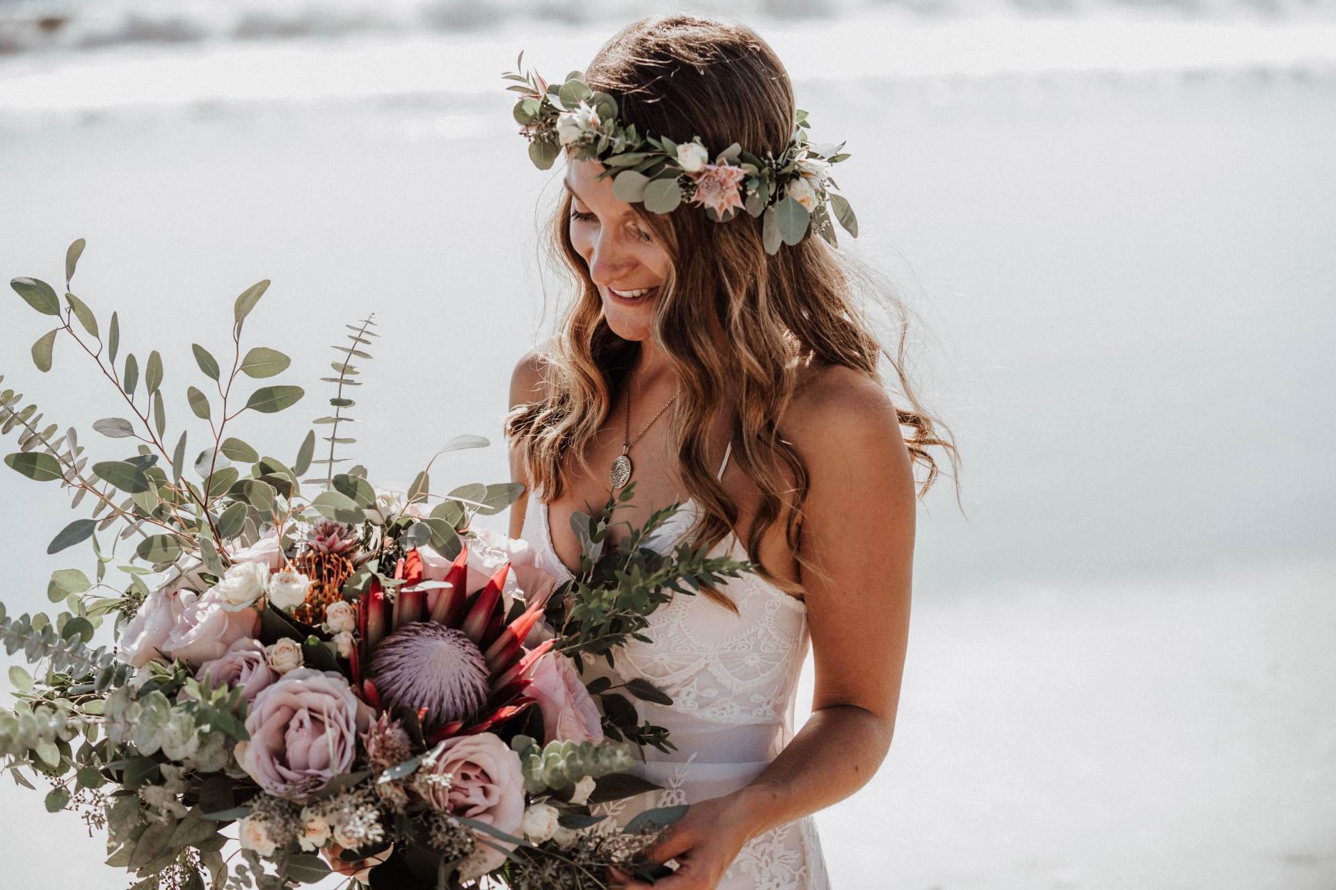 Bohostyle, Brautstrauß, Eukalyptus, Protea