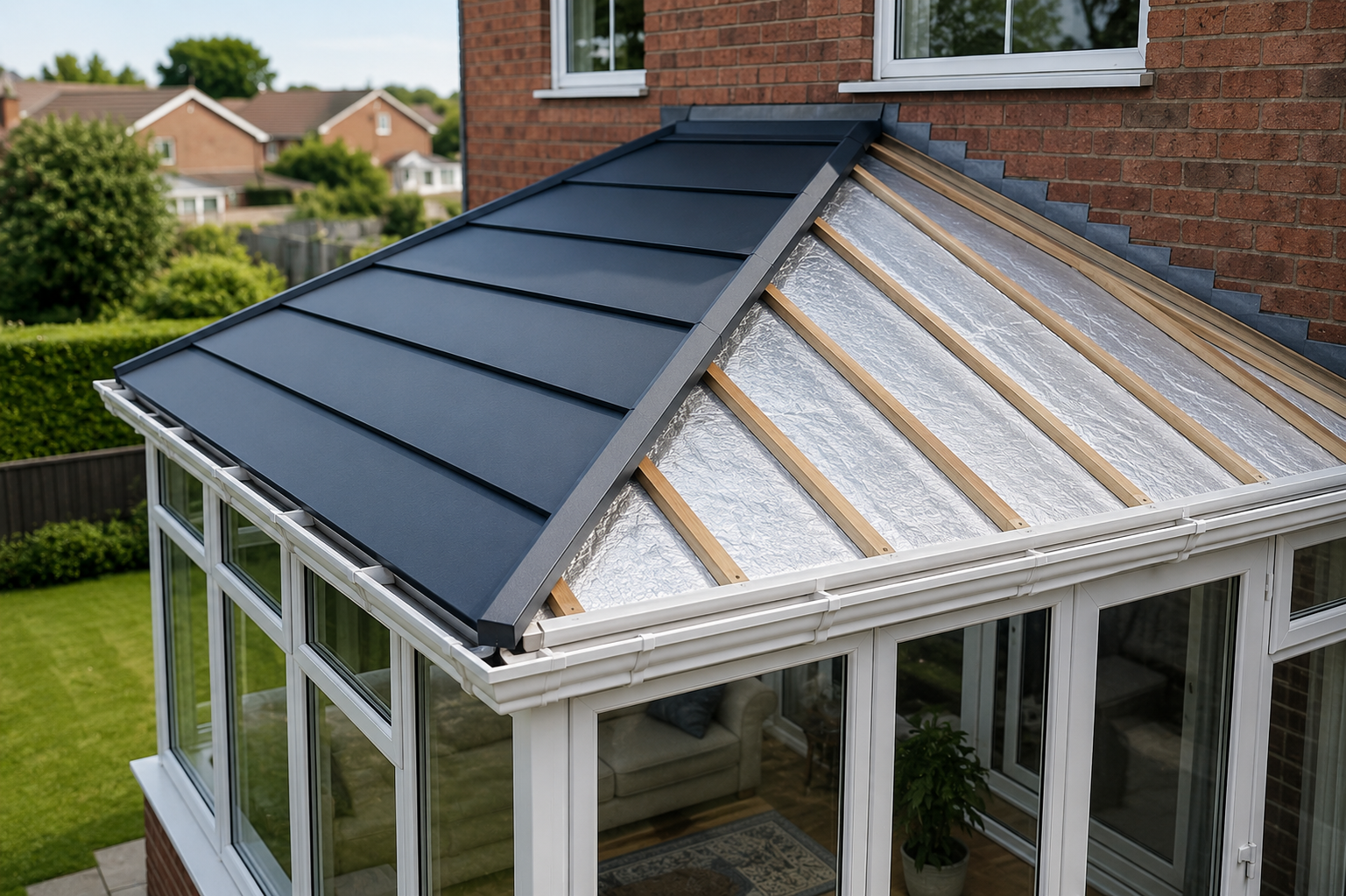 Conservatory roof replacement panels being fitted to improve insulation, energy efficiency and year-round comfort in a modern conservatory.