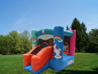 Hüpfburg Einhorn Mini mieten Mini Huepfburg Einhorn für Kleinkinder kleine Kinder Rutsche Verleih Huepfburgenverleih guenstig mieten