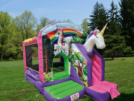 Hüpfburg Einhorn günstig ausleihen Hüpfburgen Vermietung Huepfburg Einhorn pink Maedchen guenstig mieten im Huepfburgenverleih Eventmodule Verleih Frankfurt Kindergeburtstag Hanau, Gelnhausen und Langenselbold