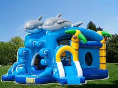 XXL Hüpfburg Delphin mieten XXL grosse Huepfburg guenstig mieten Delfin Delphin mit Rutsche Nemo Fische Wasser Meerjungfrau Frankfurt Hanau Giessen Junge Maedchen