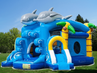 Hüpfburg Delphin mieten XL grosse Huepfburg guenstig mieten Delfin Delphin mit Rutsche Nemo Fische Wasser Meerjungfrau Frankfurt Hanau Giessen Junge Maedchen