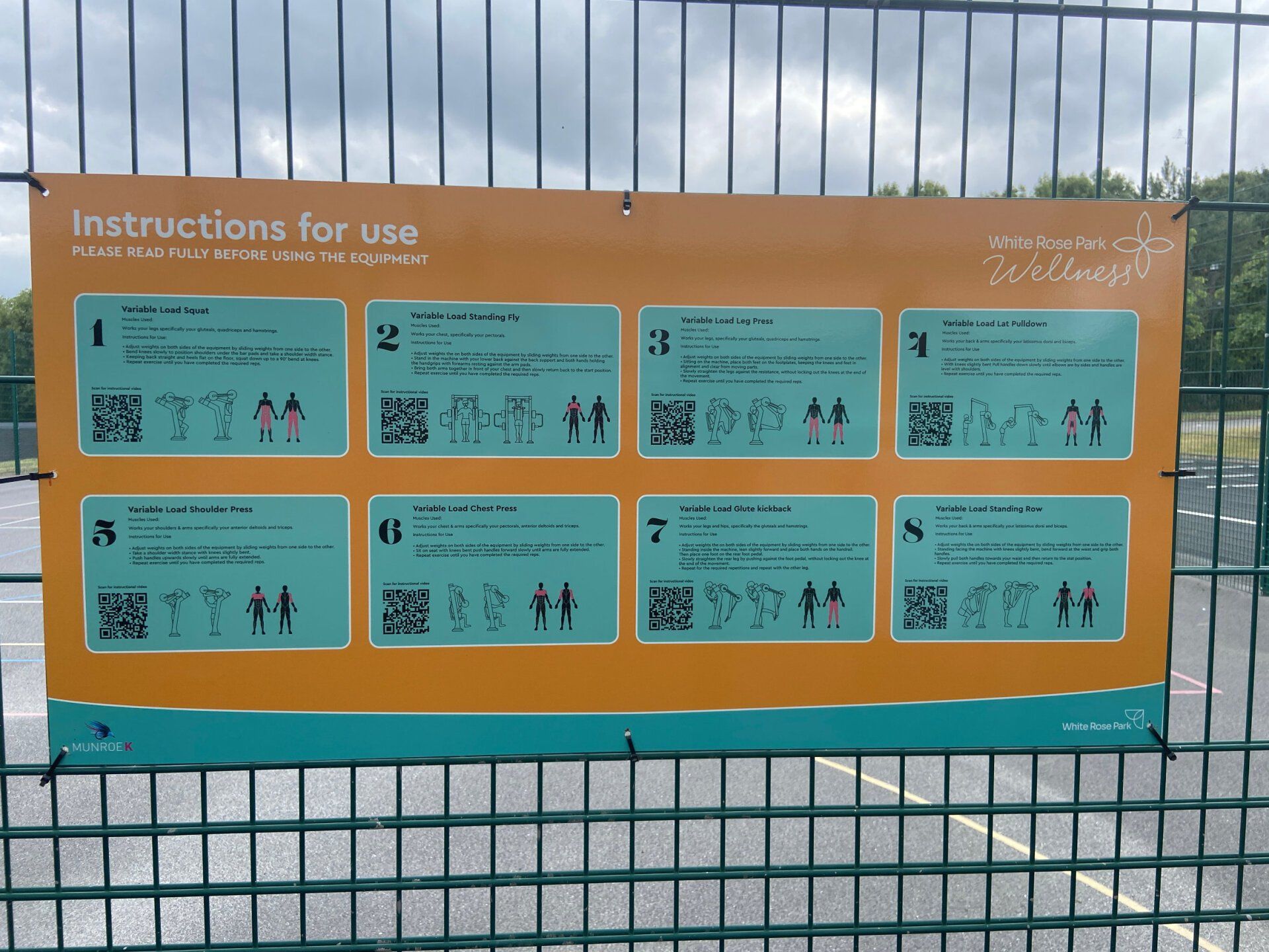 Equipment boards with QR Codes, Muscles Used and before and After exercise positions - White Rose Training Park