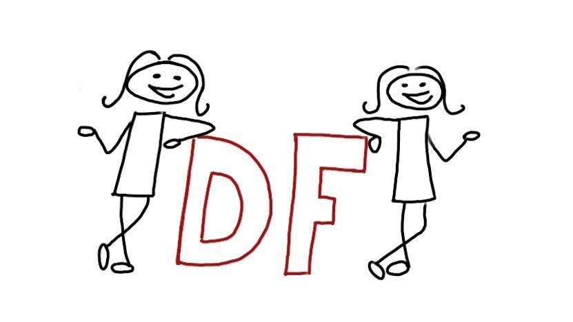 Zwei Strichmännchen mit langen Haaren, die an den Buchstaben