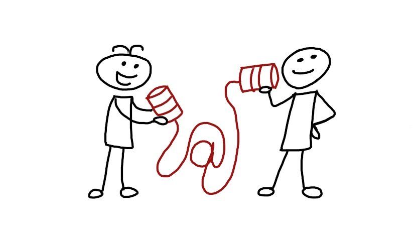 Zwei Strichmännchen, die über ein Dosentelefon miteinander kommunizieren, dessen Schnur die Form eines