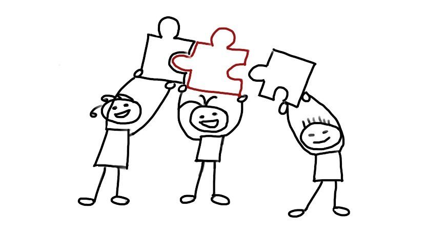 Drei Strichmännchen, die Puzzleteile ineinander fügen