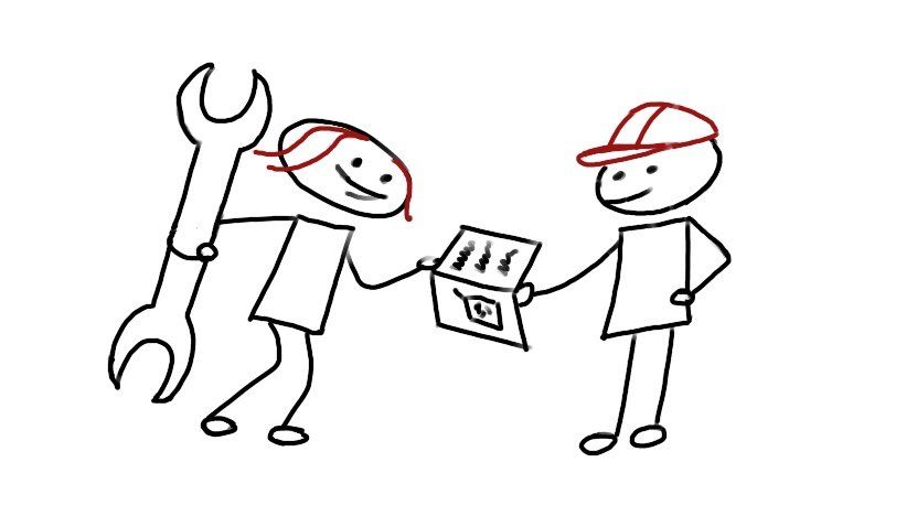 Zwei Strichmännchen mit Schraubenschlüssel und Anleitung